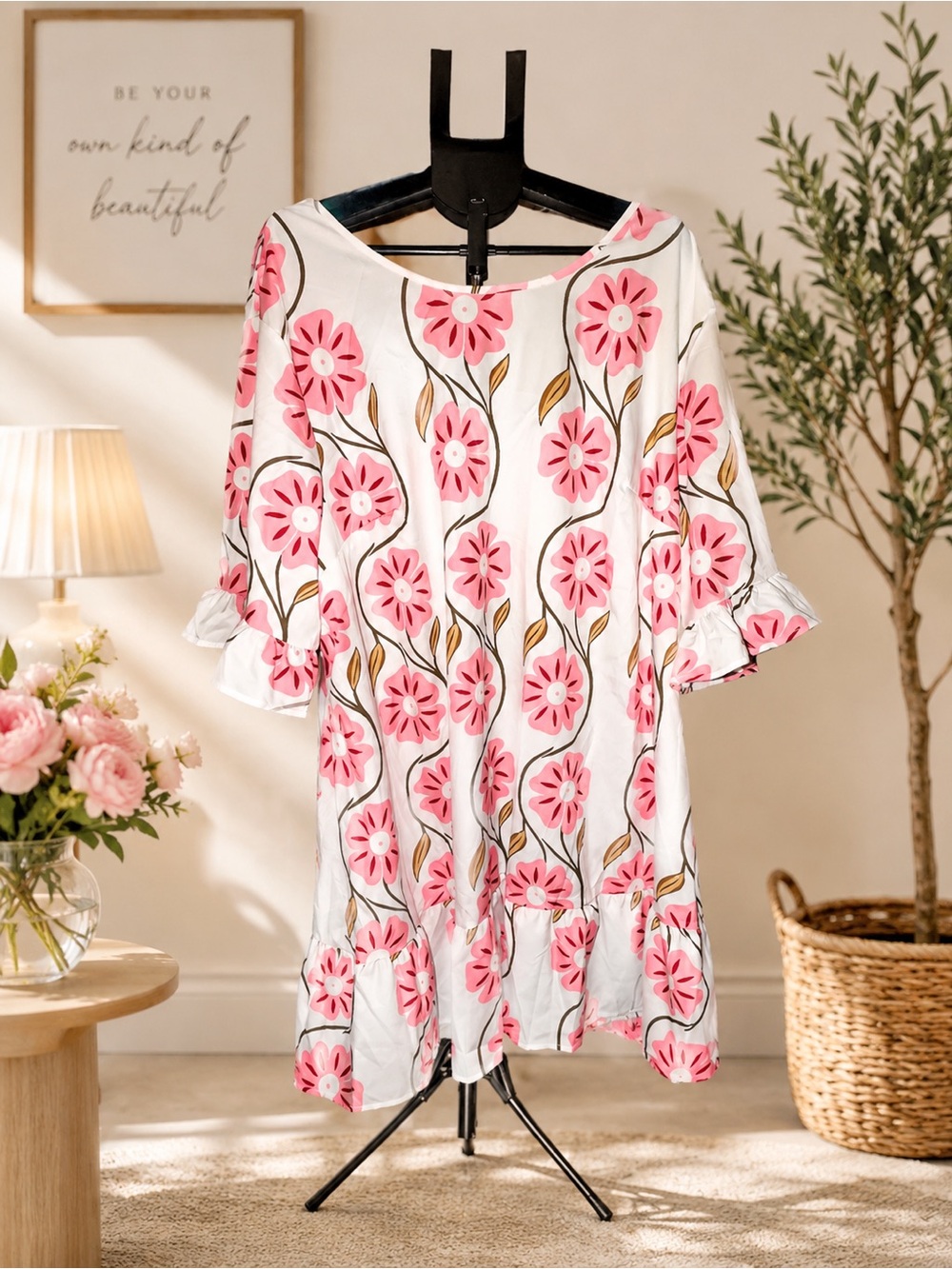 Women's White Floral Ruffle Sleeve Tunic Dress - Pink Flower Print 7x